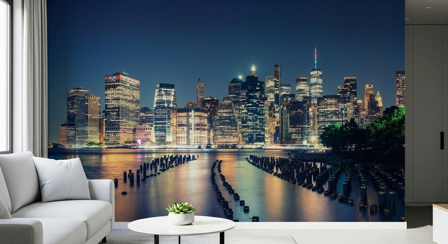 Pier mural behind TV unit, seaside horizon look for modern living room