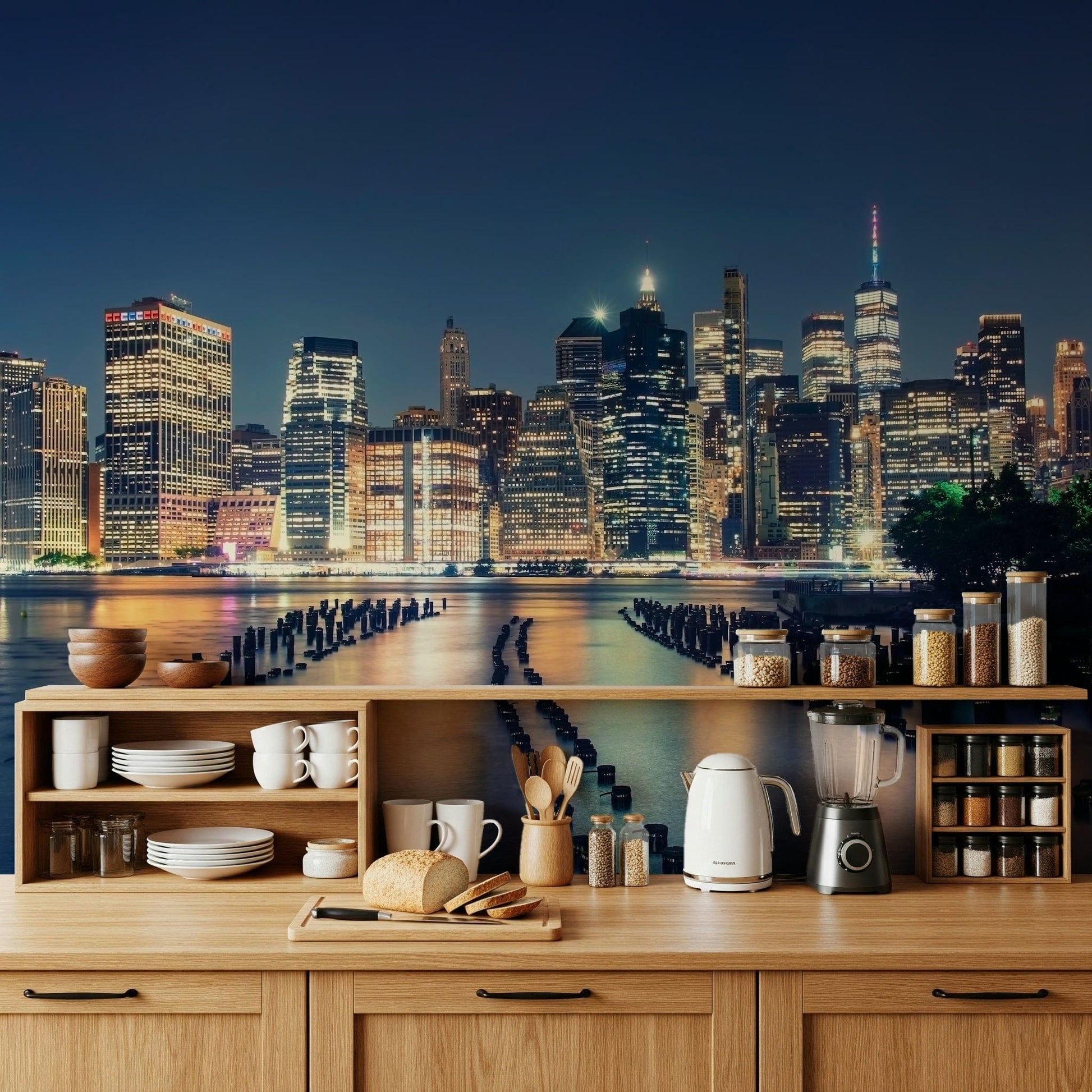 Pier scene mural in home office, clean coastal backdrop for modern space