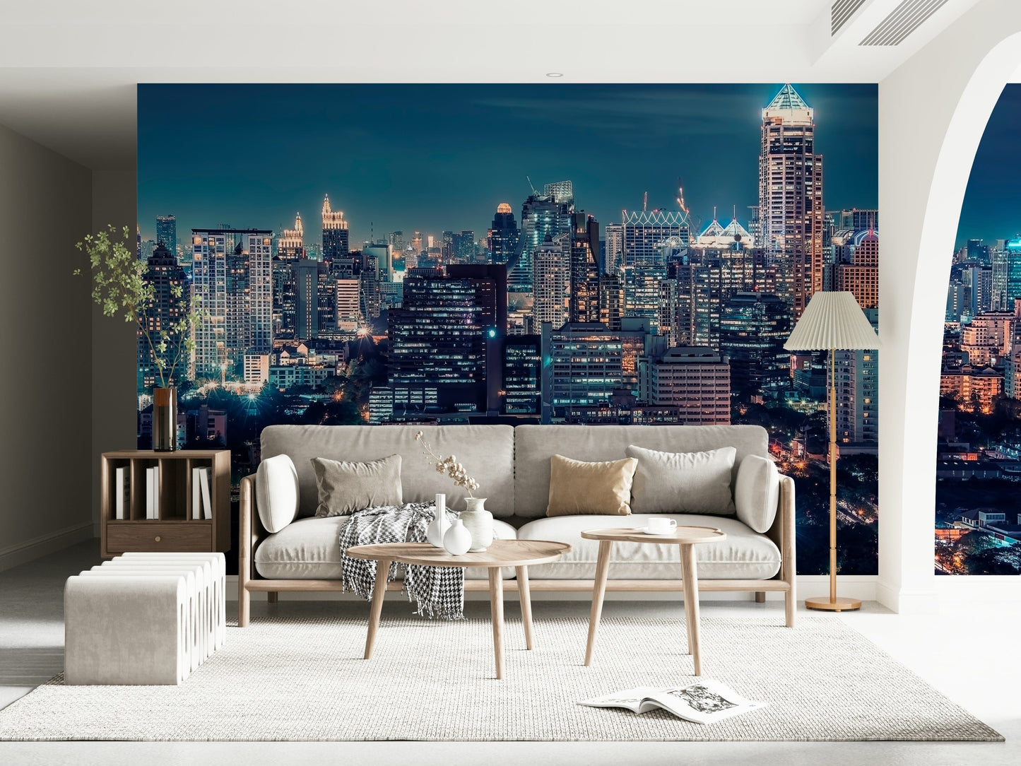 Cityscape mural behind bed, modern bedroom wall decor in dark colors