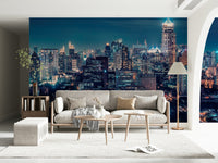 Cityscape mural behind bed, modern bedroom wall decor in dark colors