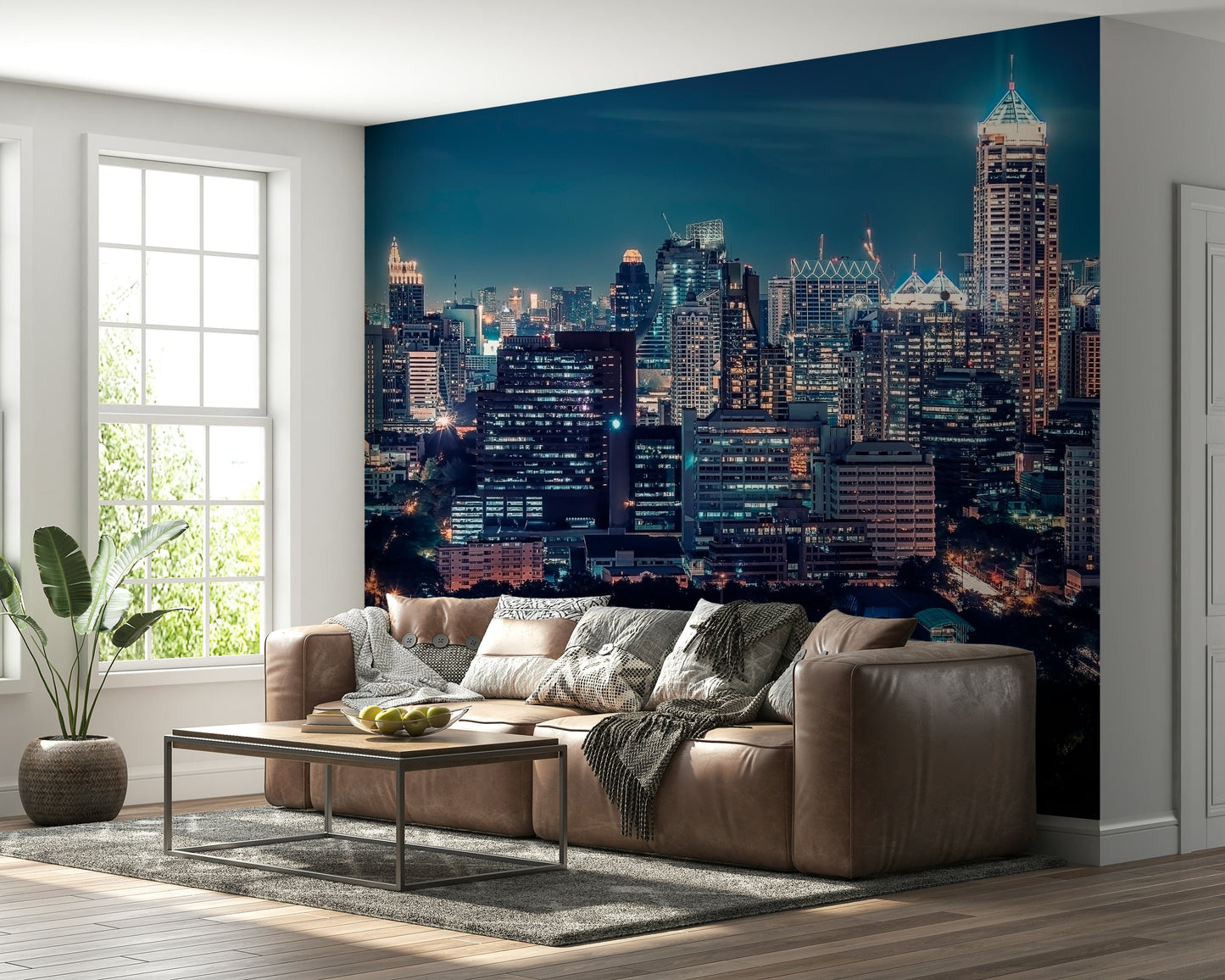 Downtown lights mural on dining room feature wall, deep color palette