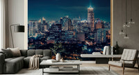 Night skyline wall mural in home office, modern background for desk