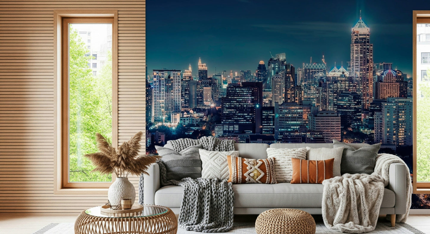 Night cityscape mural in modern living room, dark color feature wall
