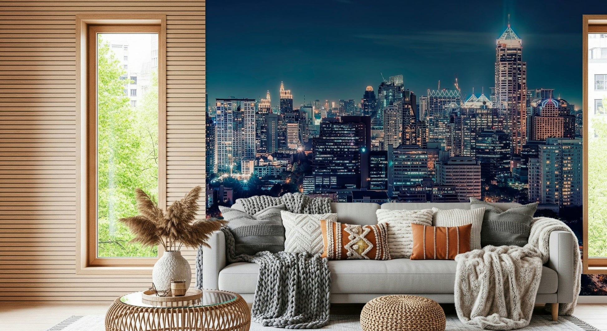 Night cityscape mural in modern living room, dark color feature wall