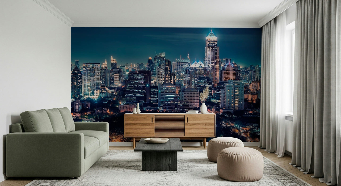 Skyline night mural in studio apartment, modern feature wall look