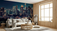 TV wall with Nightfall Metropolis Wall Mural, skyline panorama and deep colour