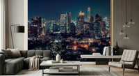 Study nook wall with night skyline wallpaper, tidy city lights scene for focus