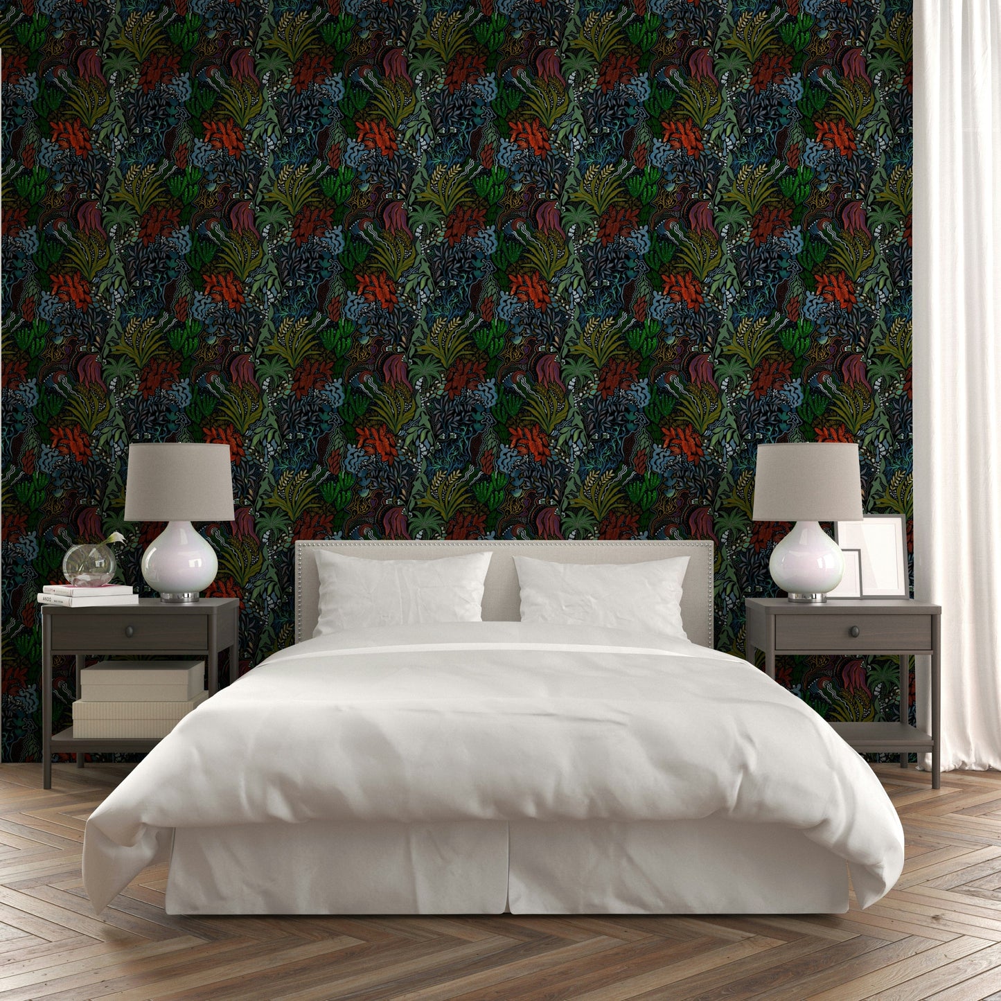An artistic magical bloom mural on luxury wallpaper.


