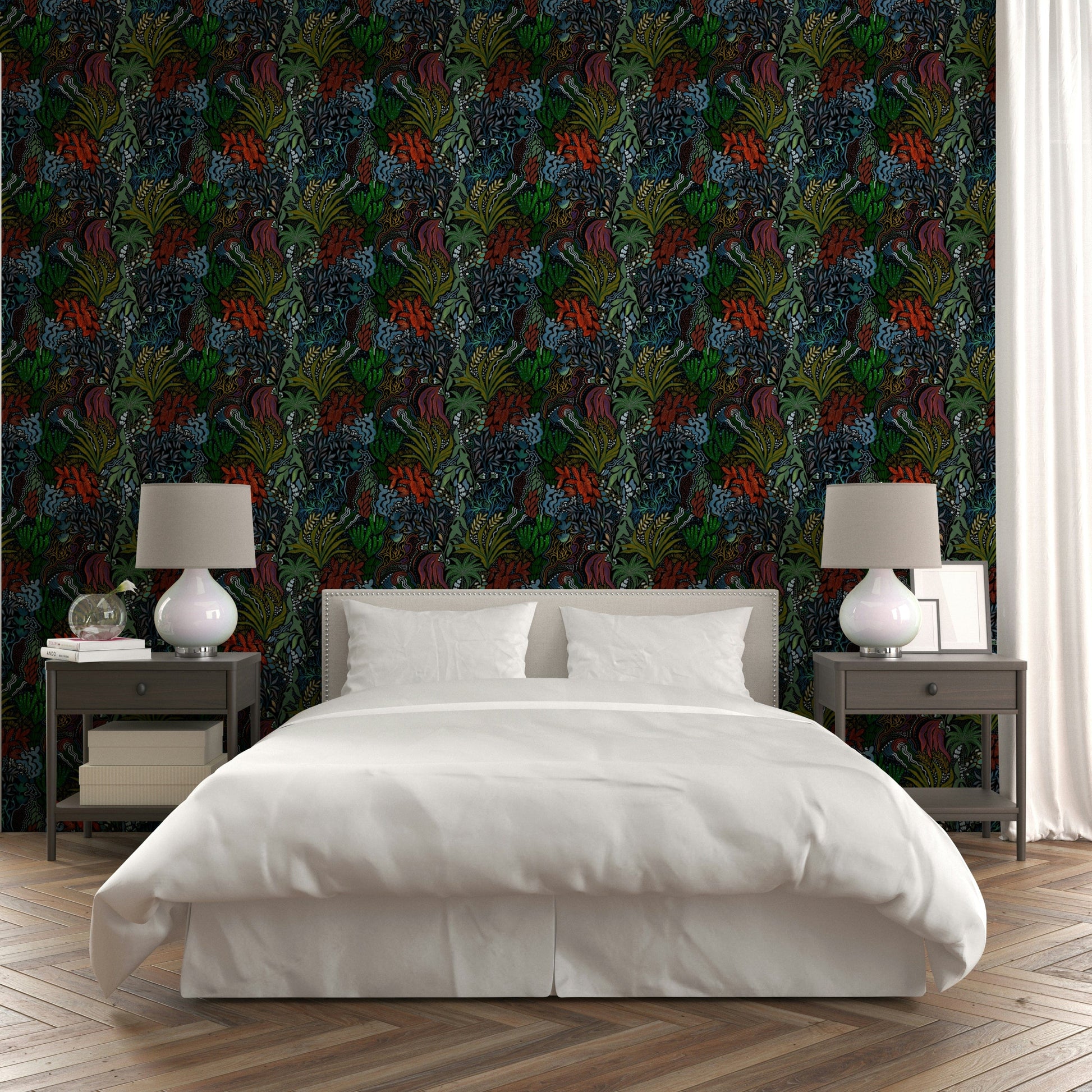 An artistic magical bloom mural on luxury wallpaper.

