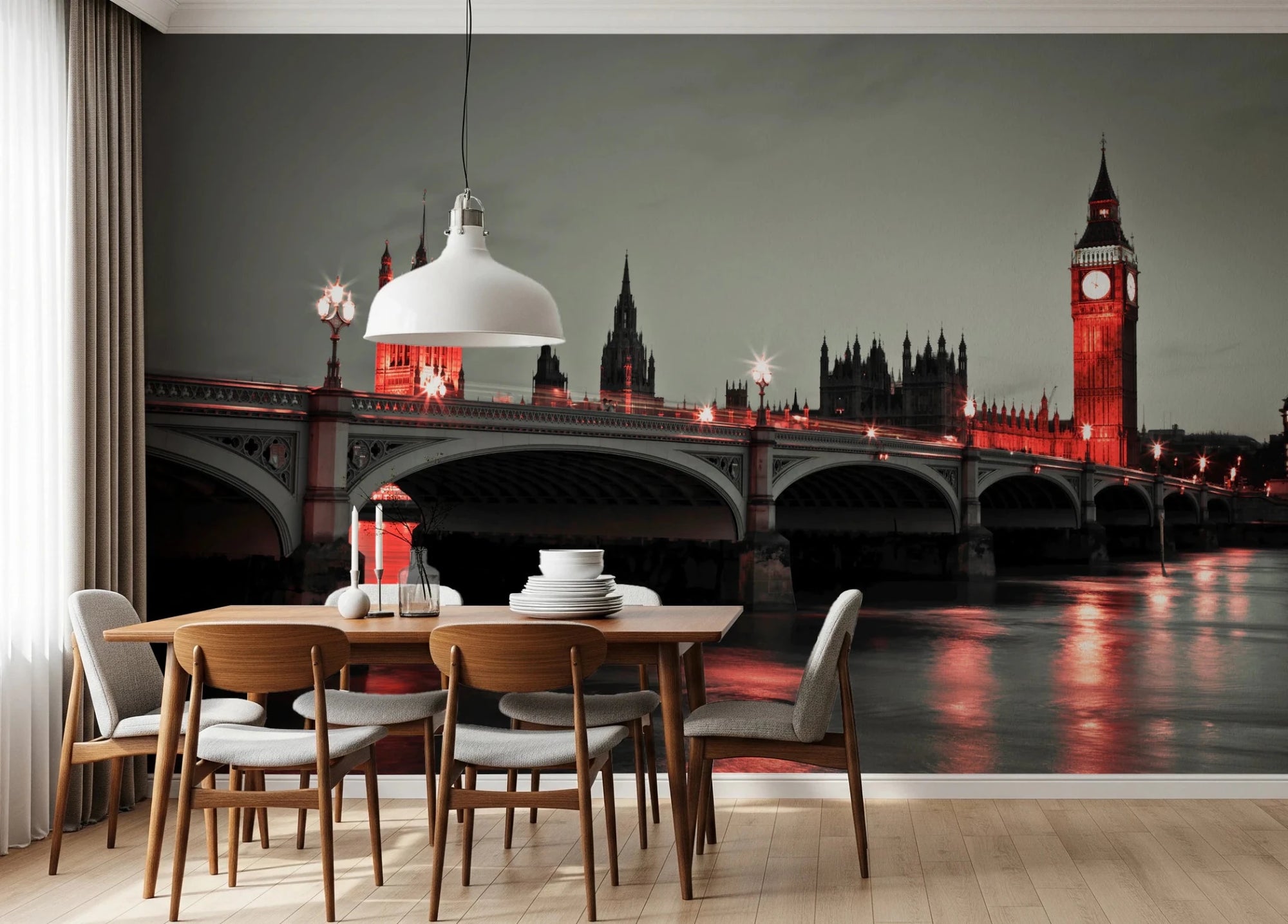 Night Magic wallpaper mural of red-lit Big Ben and Westminster Bridge at night in a dining room with a wood table and grey chairs