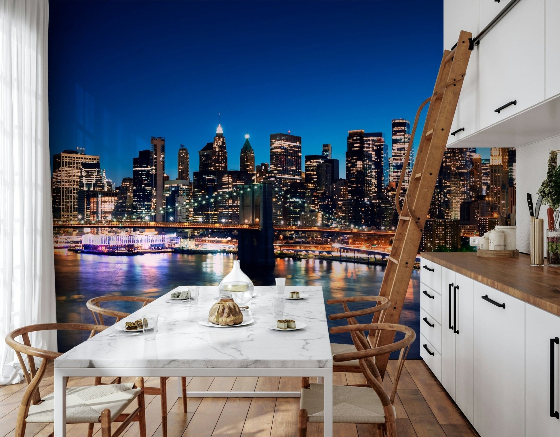 Night Metropolis wallpaper mural of the glowing skyline beside a white marble dining table in a wood-accented kitchen