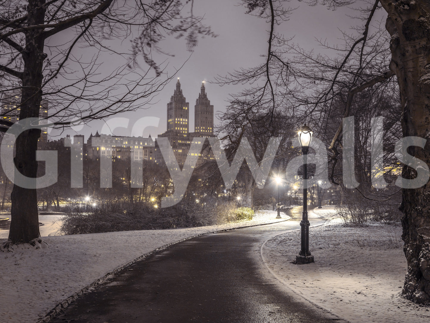 Twin towers buildings background Park Path at Night wallpaper decor