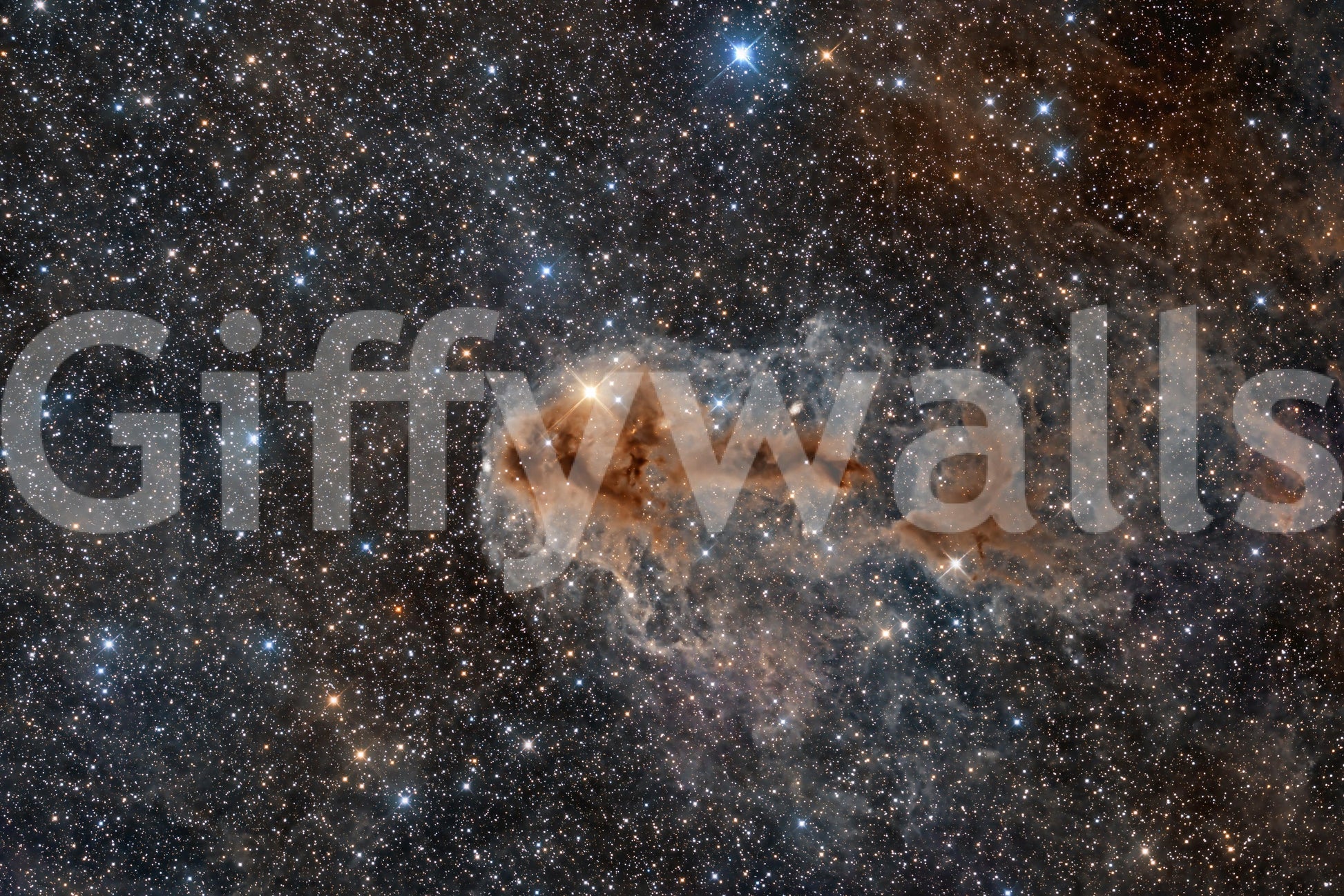 Night Sky Canvas wallpaper mural shown as a full-wall mural of countless stars across a deep blue sky with a rust-colored nebula cloud at center