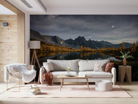 Nightfall reflection wall mural on bedroom wall, navy color tones, calm water scene backdrop