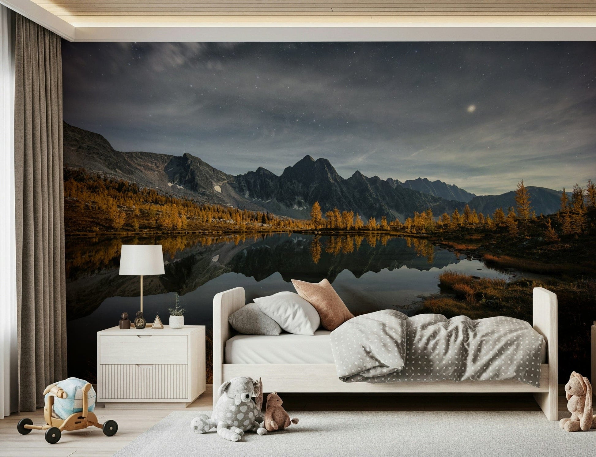 Minimalist office wall mural with night reflection scene, cool dark colors, modern wall decor