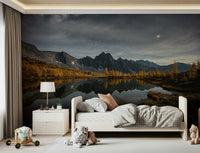 Minimalist office wall mural with night reflection scene, cool dark colors, modern wall decor