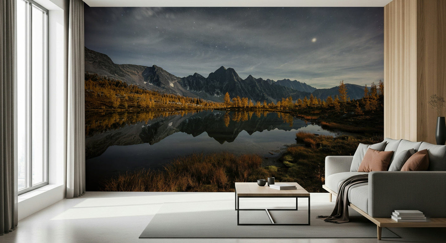 Calm water reflection wallpaper mural in dining area, deep color tones, modern wall decor look