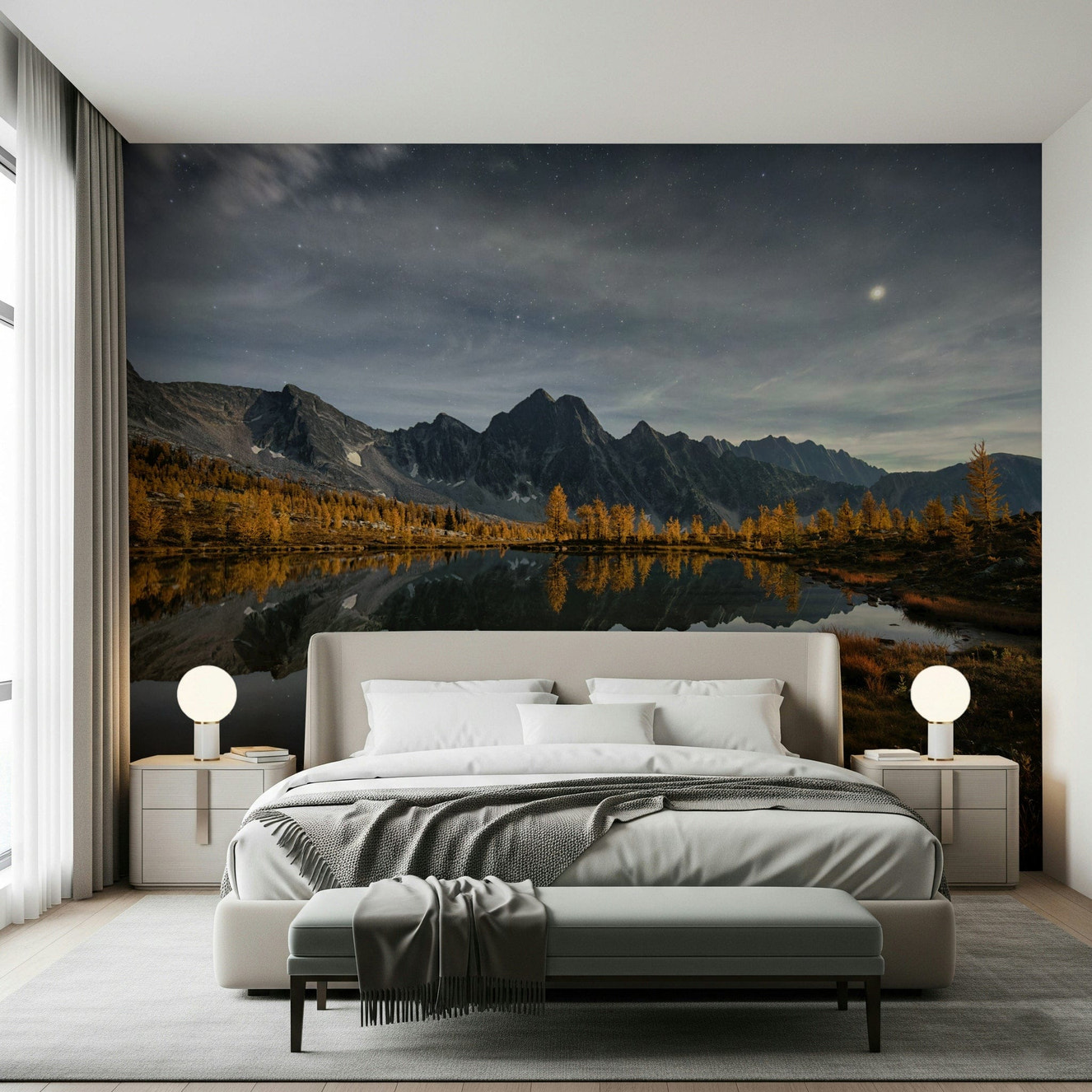 Moody night lake mural behind sofa in apartment, dark color palette, modern wall decor feature wall