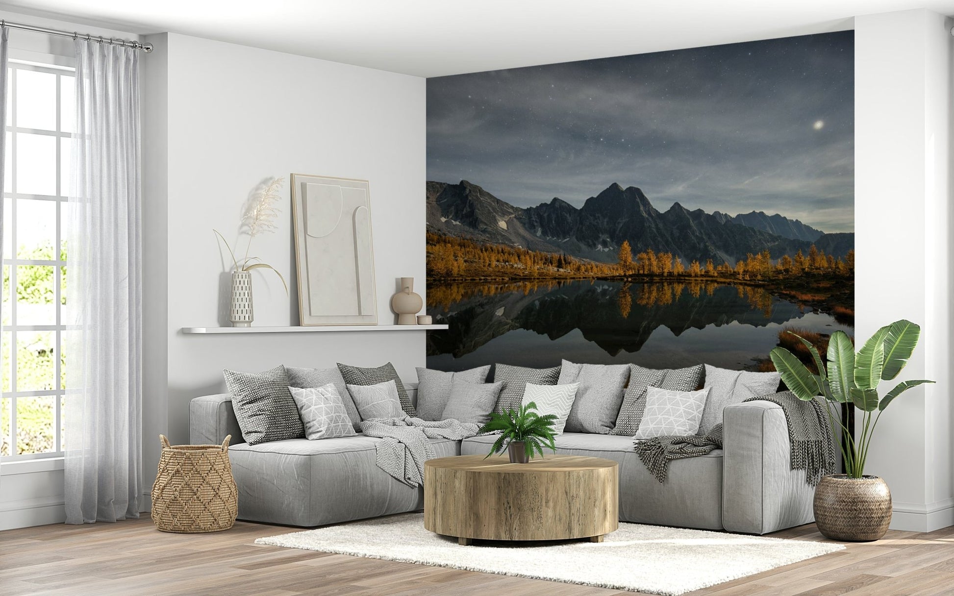 Night scene reflection mural in home office, dark blue color, modern apartment wall decor
