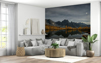Night scene reflection mural in home office, dark blue color, modern apartment wall decor
