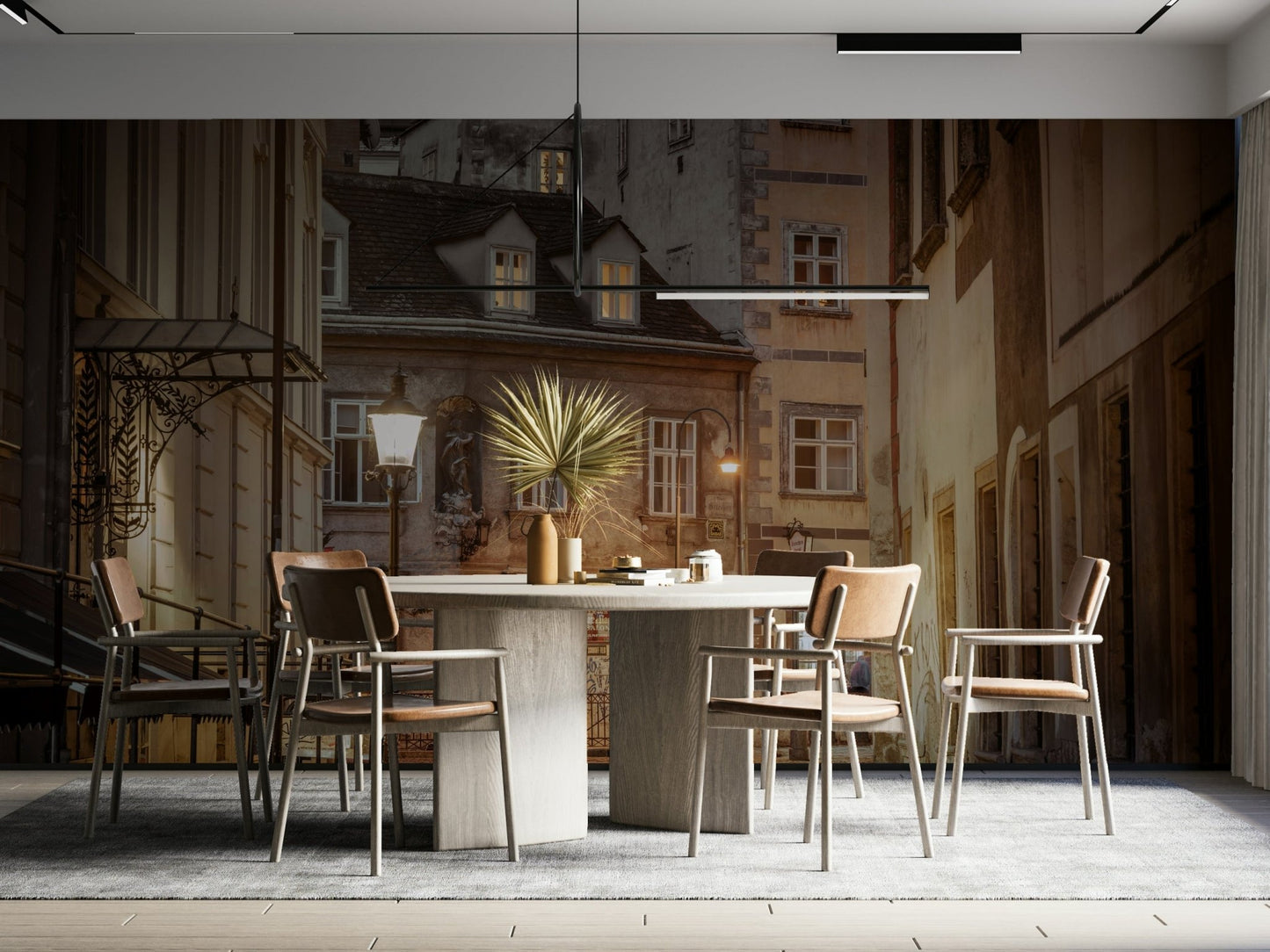 A street scene at twilight with city lights
