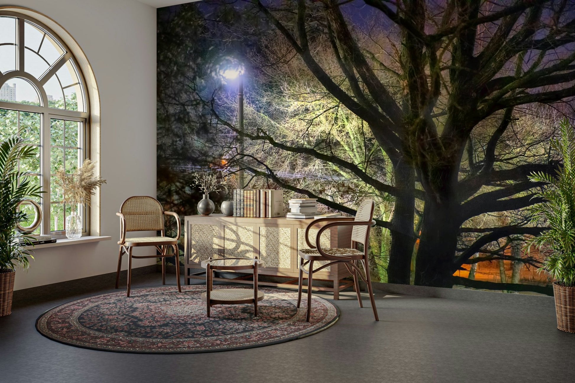 Softly illuminated branches and foliage.

