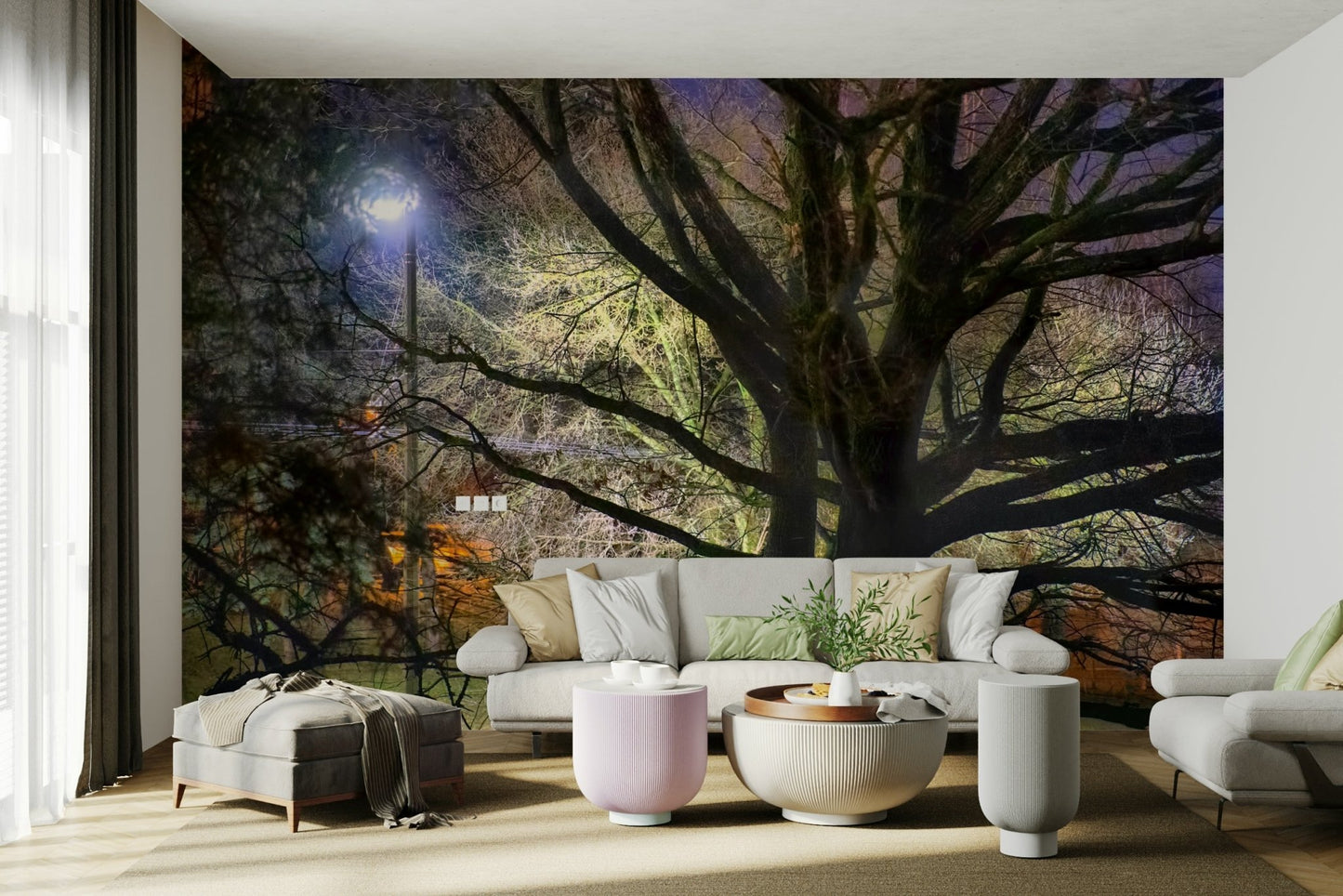 Ethereal park scene at night.

