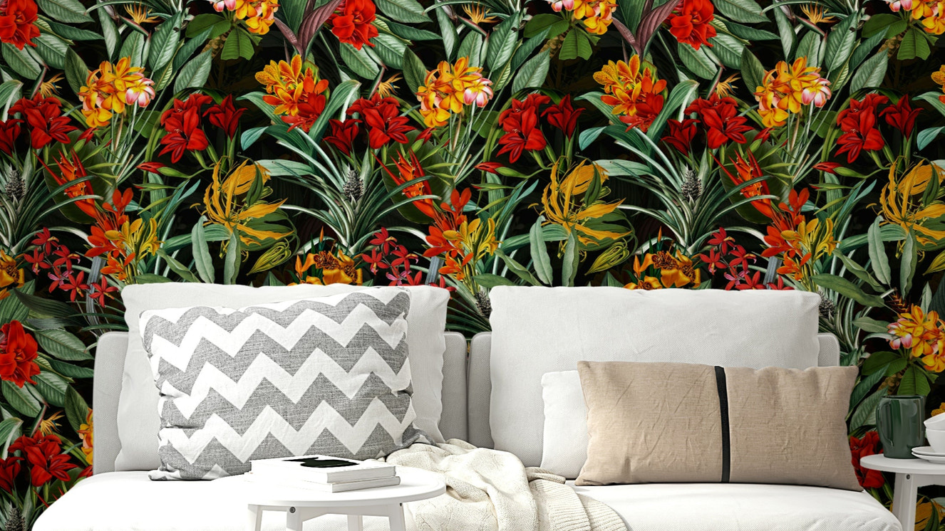 Close-up view of deep-toned flowers and detailed petals in Nocturnal Bloom wallpaper.

