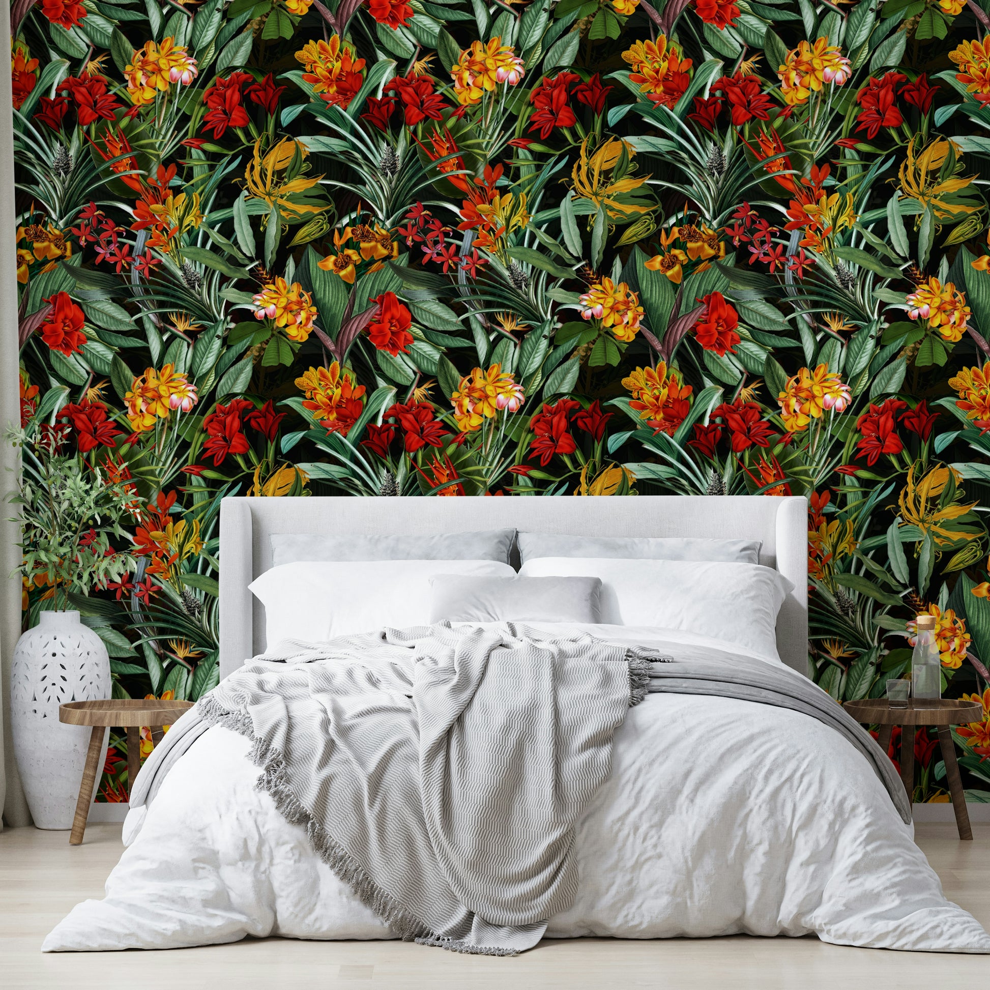 Dark floral wallpaper with vibrant night-blooming flowers and intricate details.


