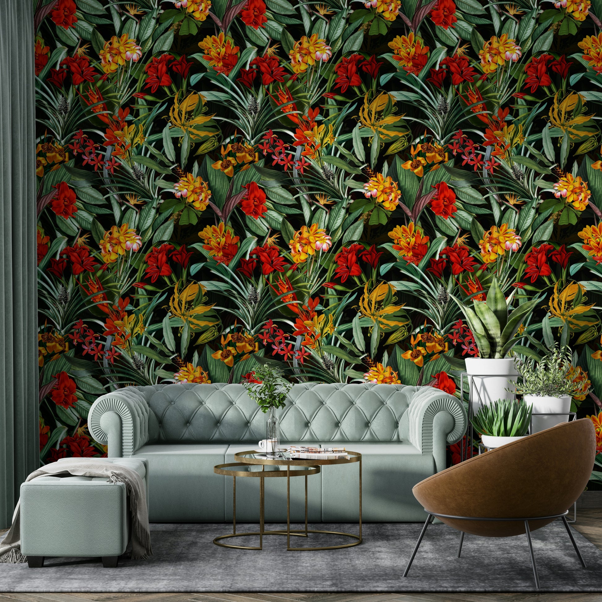Nocturnal Bloom wall mural with a striking contrast of dark hues and vibrant flowers.

