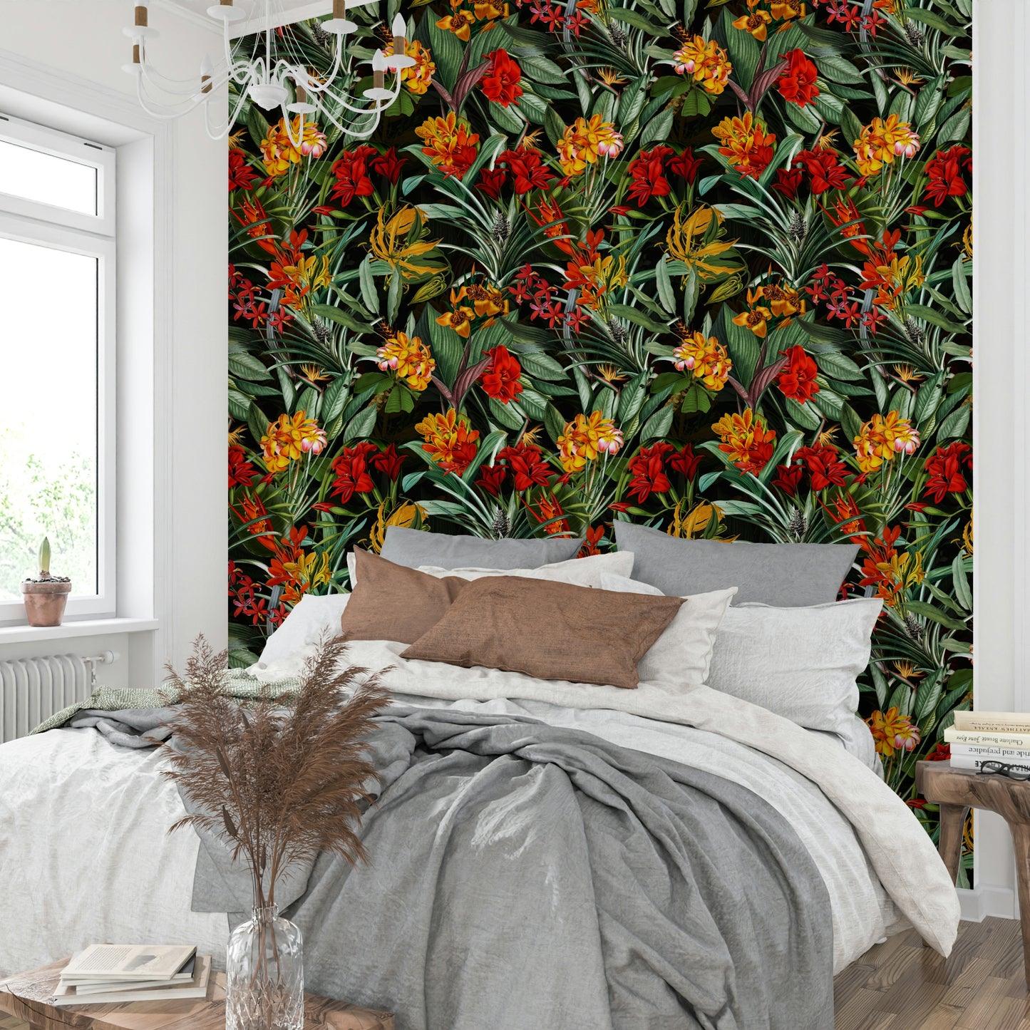 Rich floral mural featuring dark blooms and elegant details.

