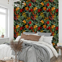 Rich floral mural featuring dark blooms and elegant details.

