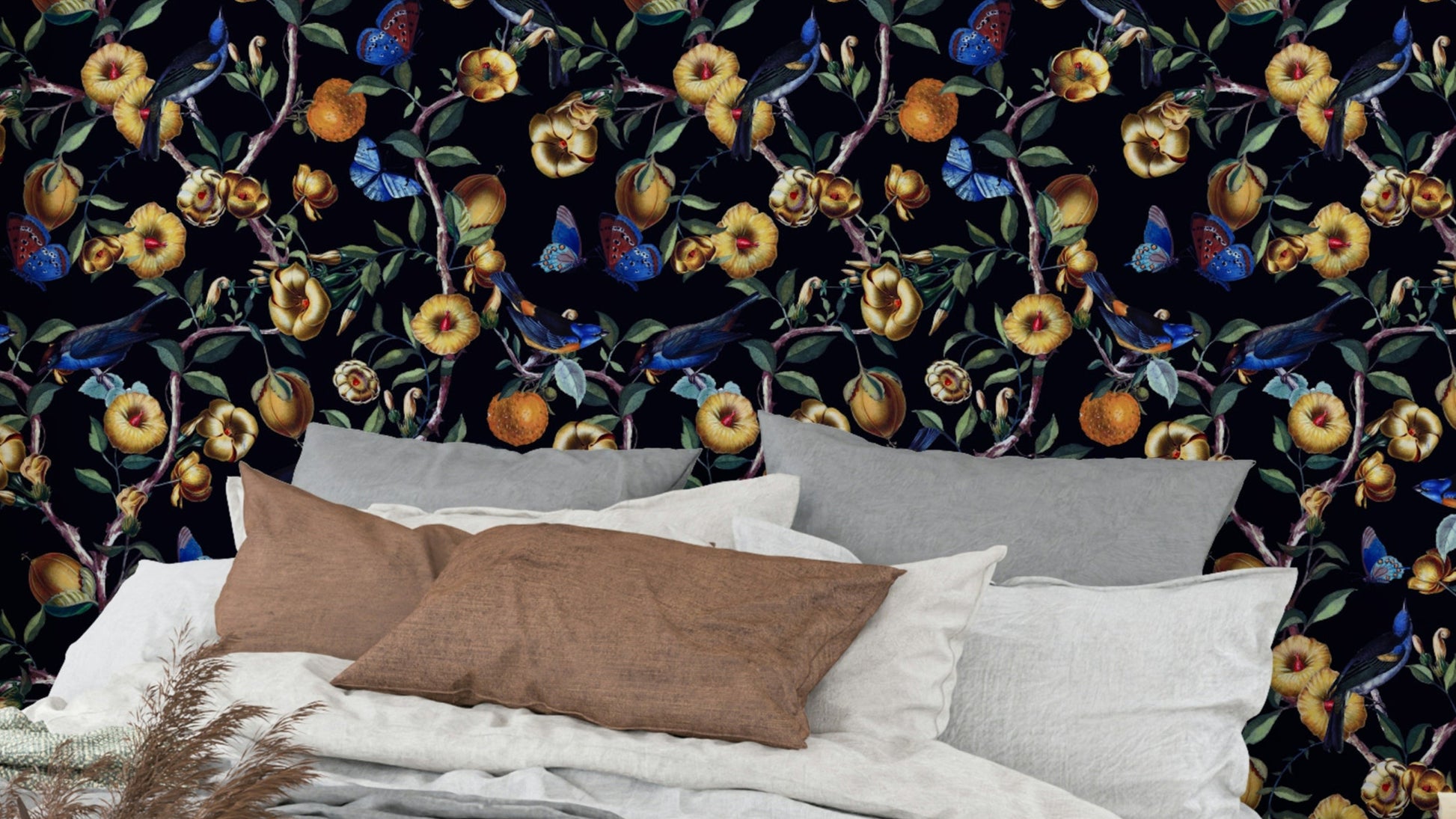 Nocturnal Garden Wallpaper with dark background and vivid florals.

