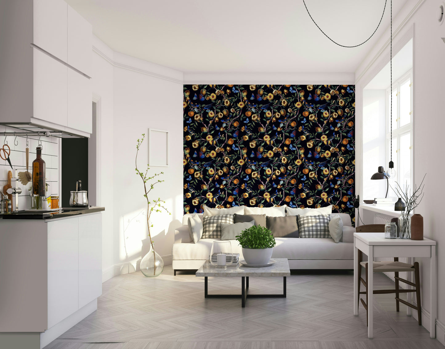 Dark floral wallpaper perfect for bedrooms or accent walls.

