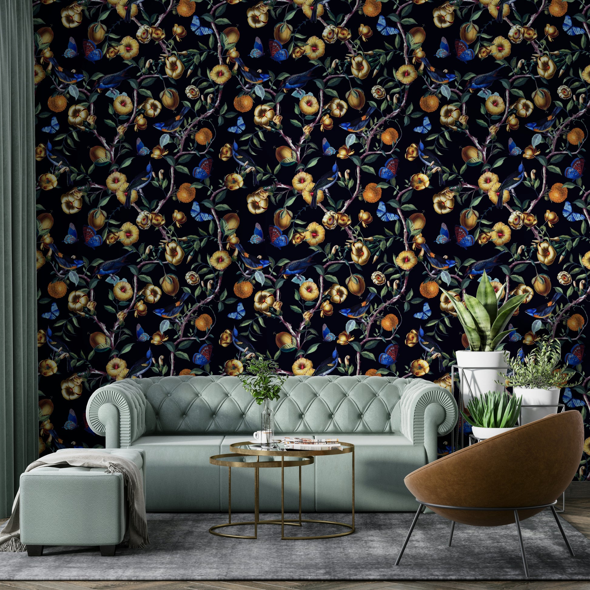 Moody floral wallpaper featuring deep-toned blossoms and foliage.

