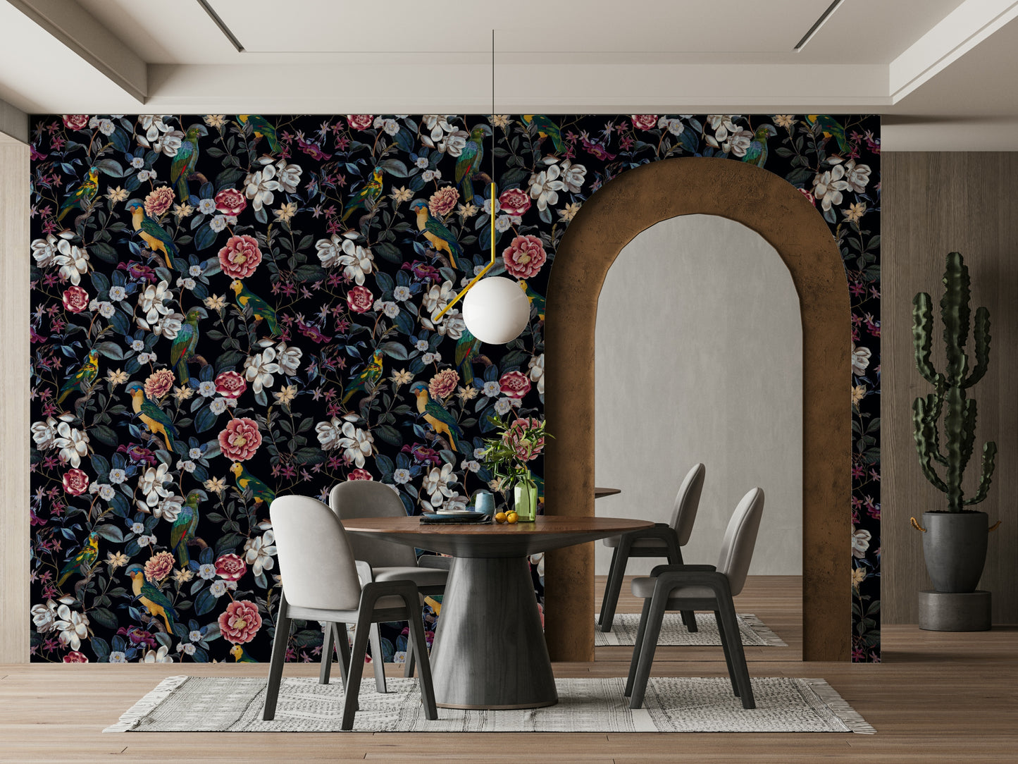 Exotic wallpaper featuring tropical blooms and rich, dark foliage.

