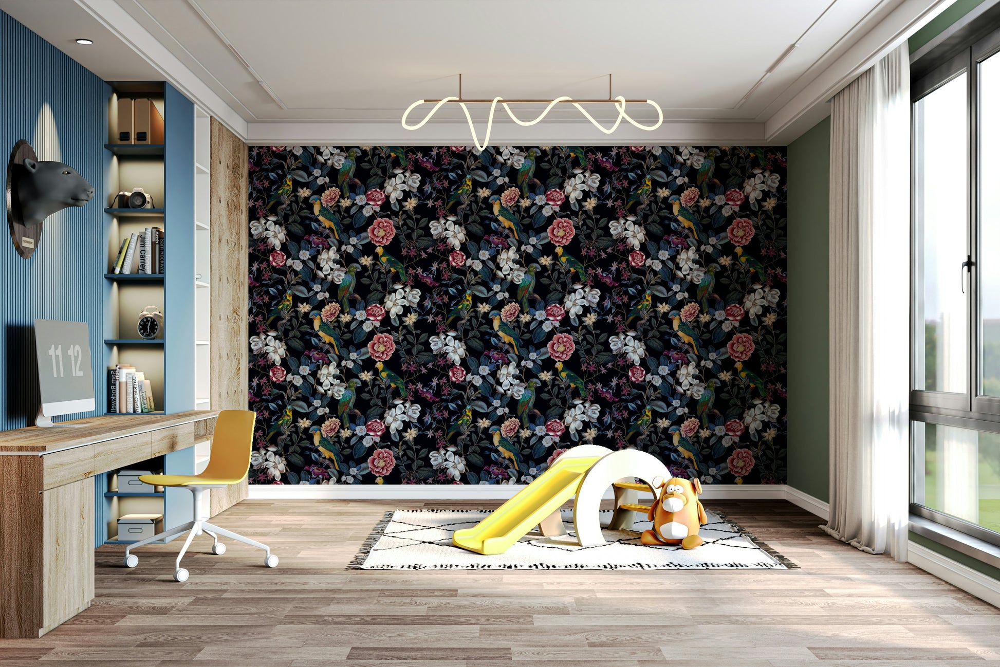 Close-up of Nocturnal Paradise wall mural featuring tropical plants.

