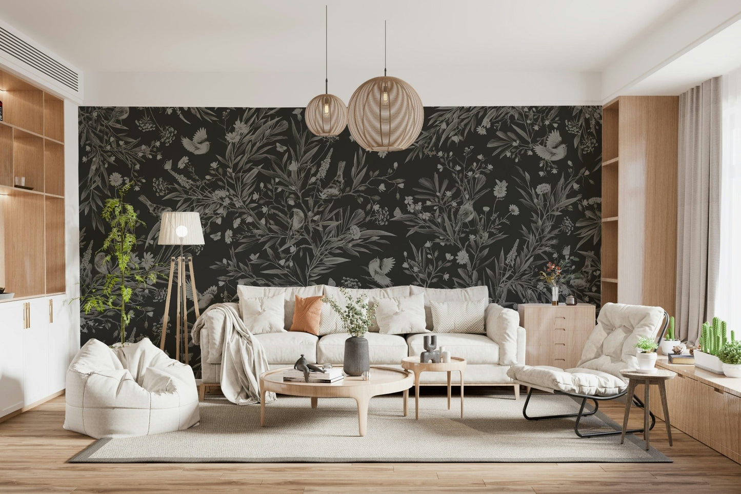 Nocturnal-themed mural with birds resting on branches under soft floral patterns