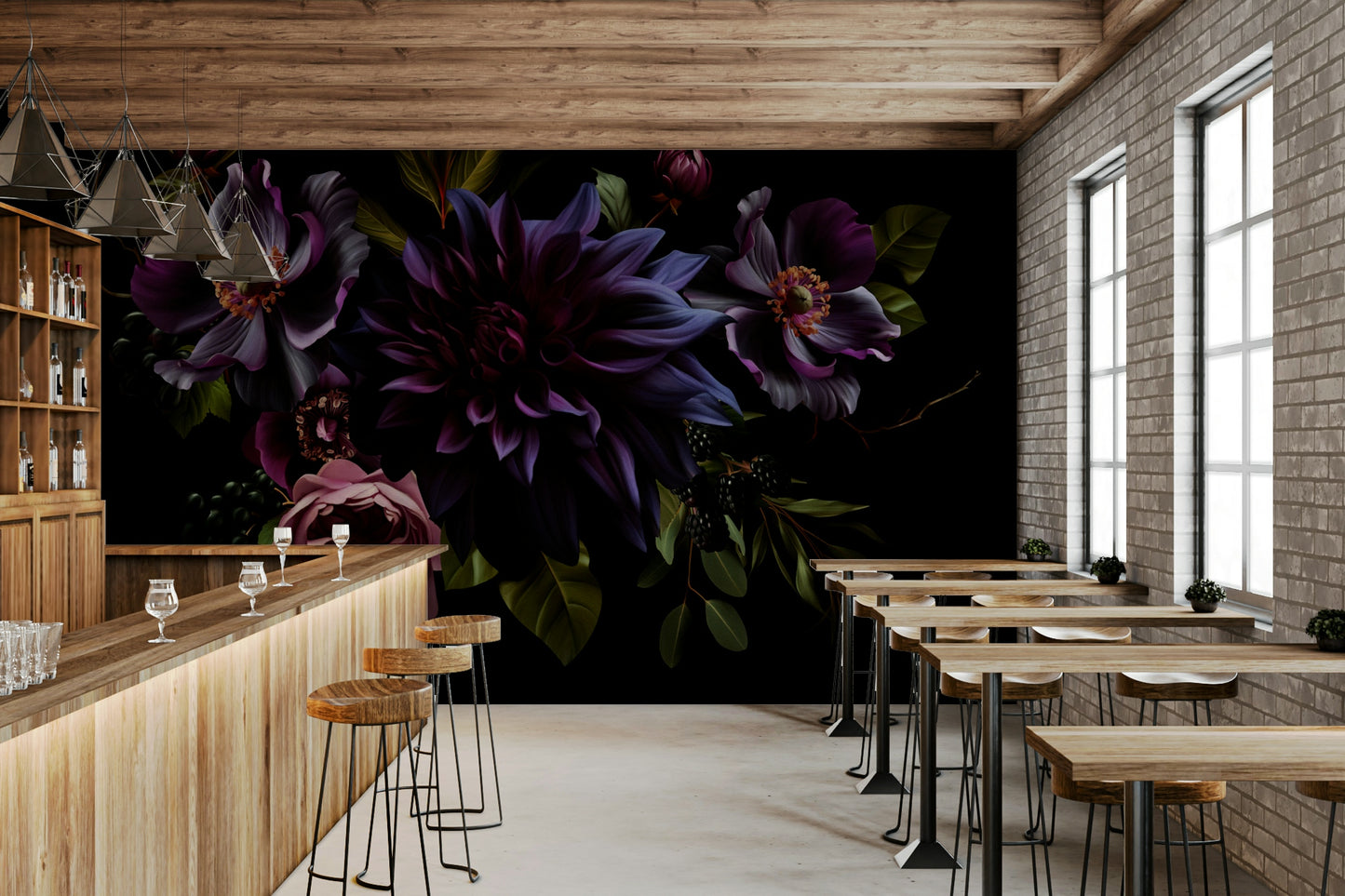 Soft floral wall mural in blues and greens

