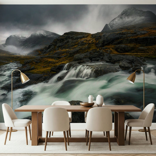 Noir Mountain Flow wallpaper mural of rushing falls and stormy mountains behind a wood dining table in a dining room