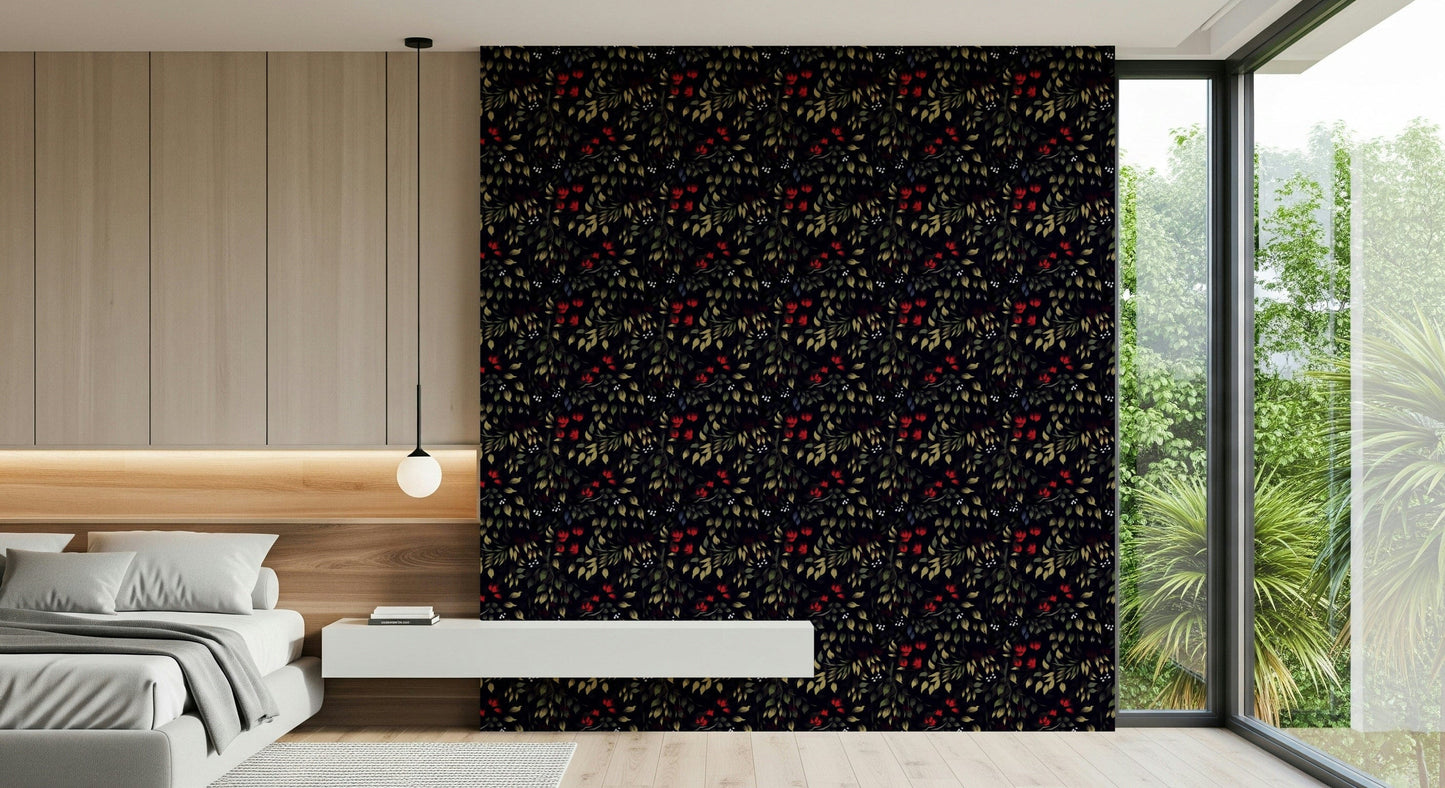 Romantic wallpaper with shadowed flowers creating a secret garden effect