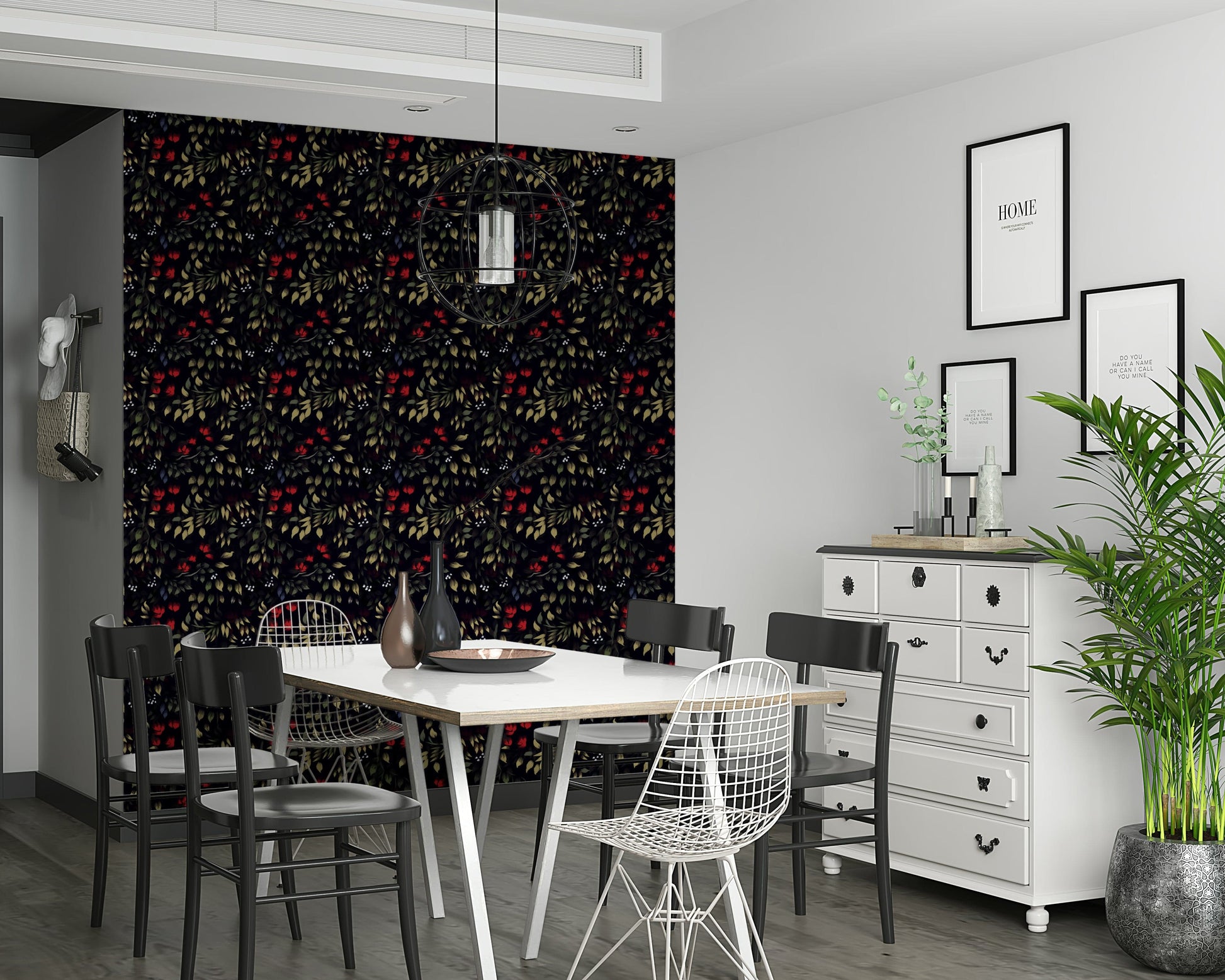 Contemporary wall covering featuring mysterious floral and foliage designs