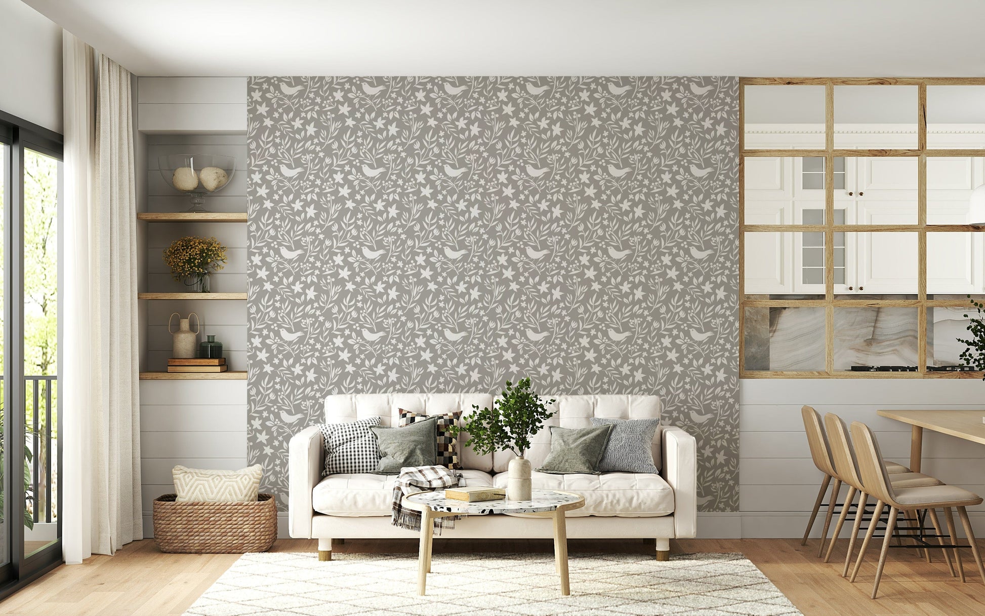 Botanical Folk Bird Theme wallpaper for walls with soft neutral palette

