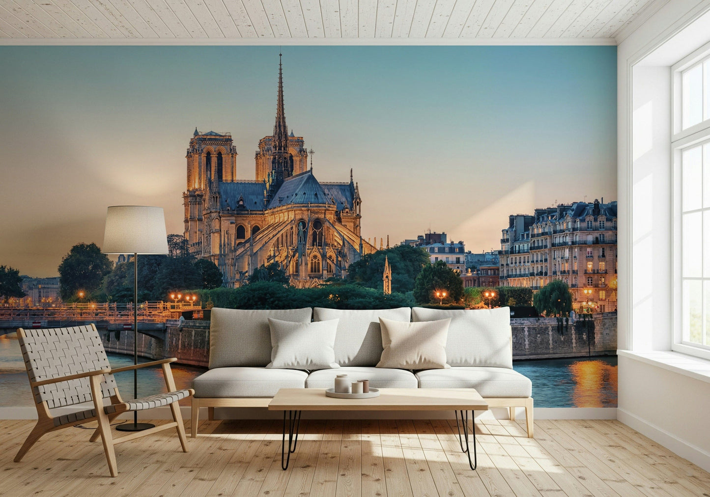 Notre Dame serenity mural with skyline composition and mountain wallpaper depth