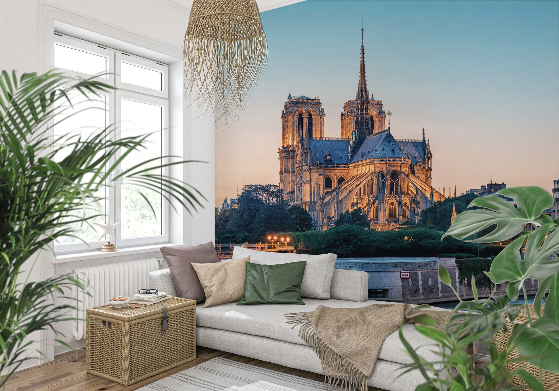 Architectural wall mural of Notre Dame with subtle mountain wallpaper styling