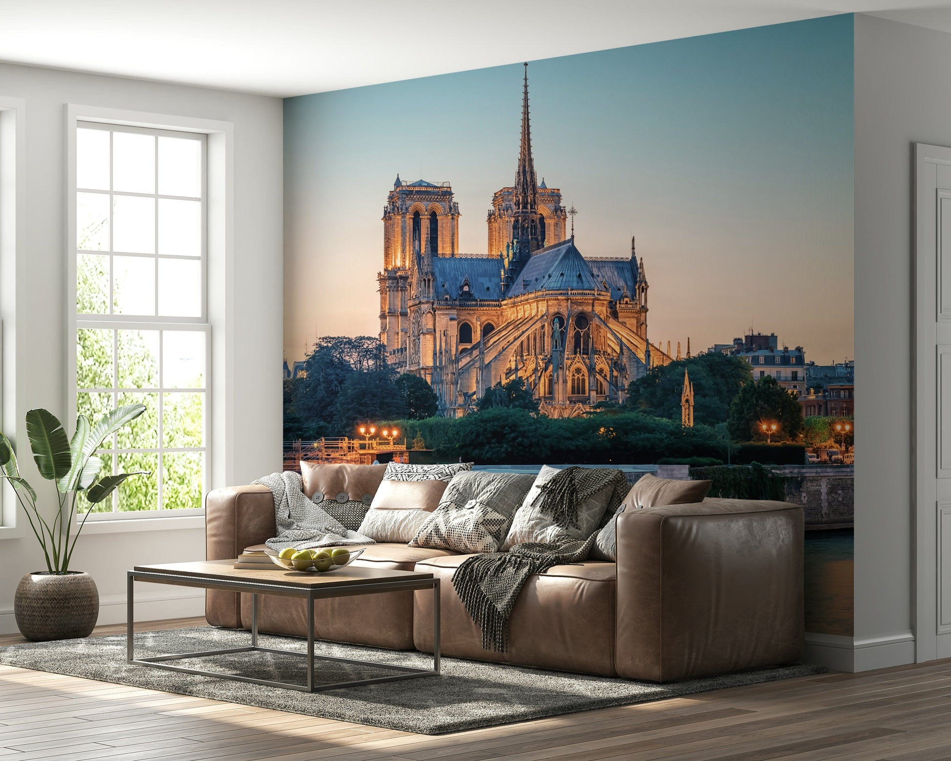 Classic Paris cityscape mural with cathedral focus and mountain wallpaper feel