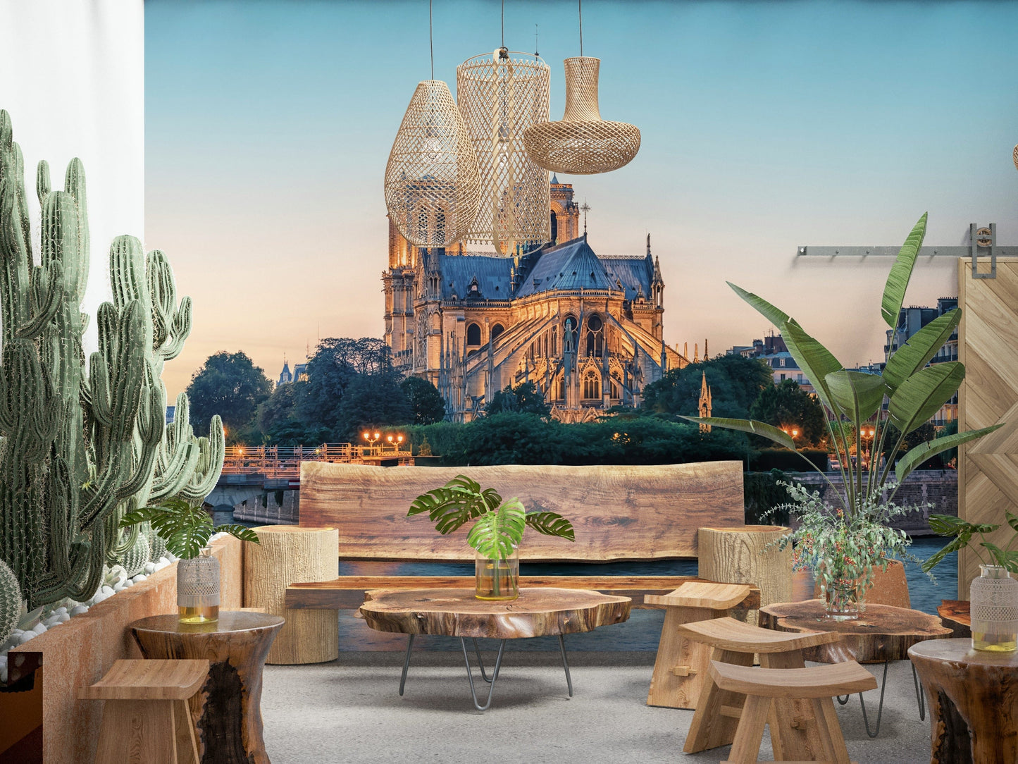 French architecture wall mural with river setting and mountain wallpaper layers