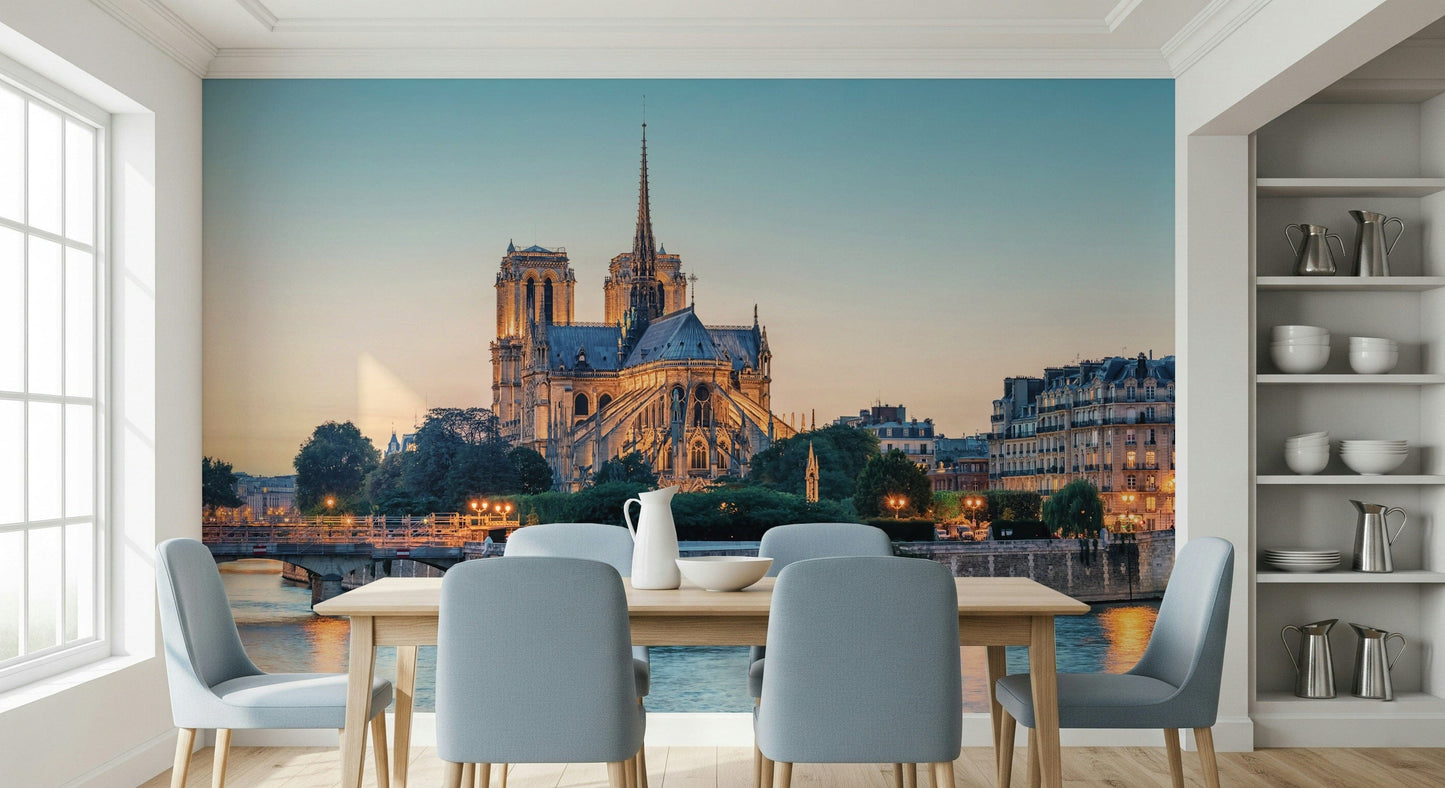 Notre Dame evening mural artwork paired with soft mountain wallpaper background
