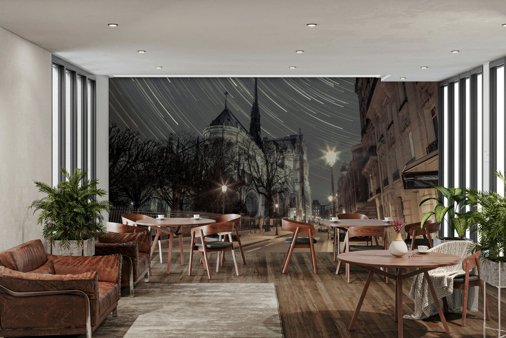 Vintage streetlights casting a warm glow.

