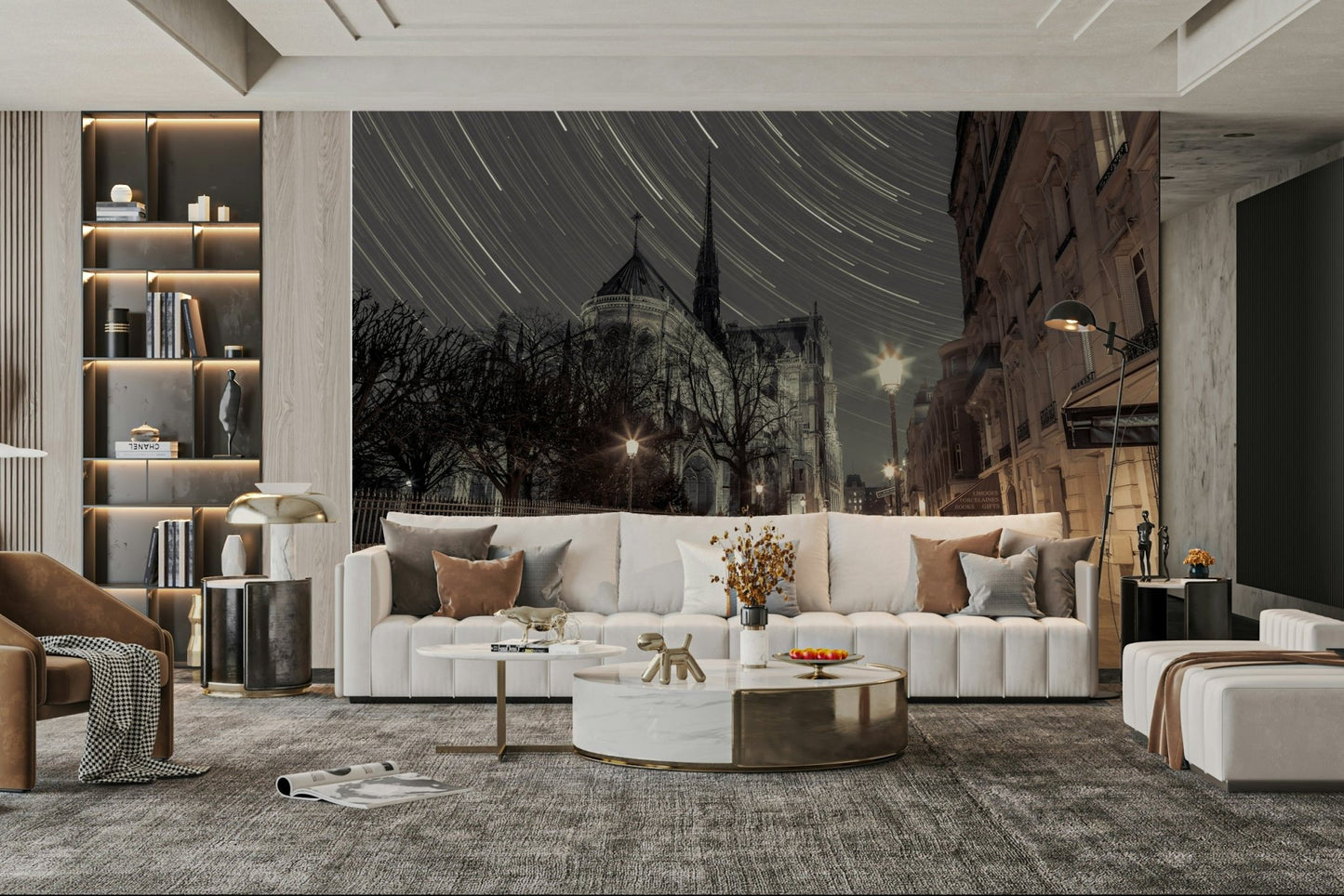 Dramatic night sky with swirling star trails.

